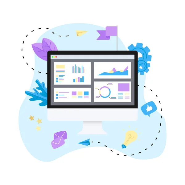 Designkonzept für Datenanalyse. Grafik, Diagramm, Statistik auf dem Desktop. Geschäftskonzept — Stockvektor