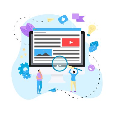 İçerik pazarlama, bloglama ve Smm kavramı. Makaleler ve medya malzeme üstünde okul sırası