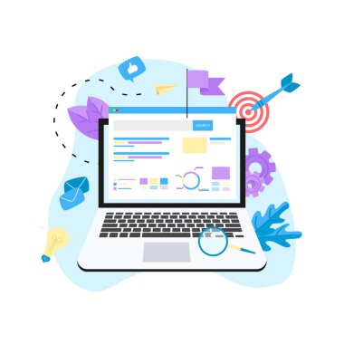 SEO analizi ile aramak ve Büyüteç laptop. İş kavramı