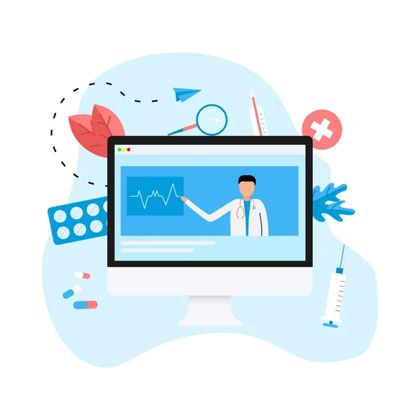 Online-Gesundheitsfürsorge und medizinische Beratung auf dem Desktop. Vektorflache Abbildung — Stockvektor