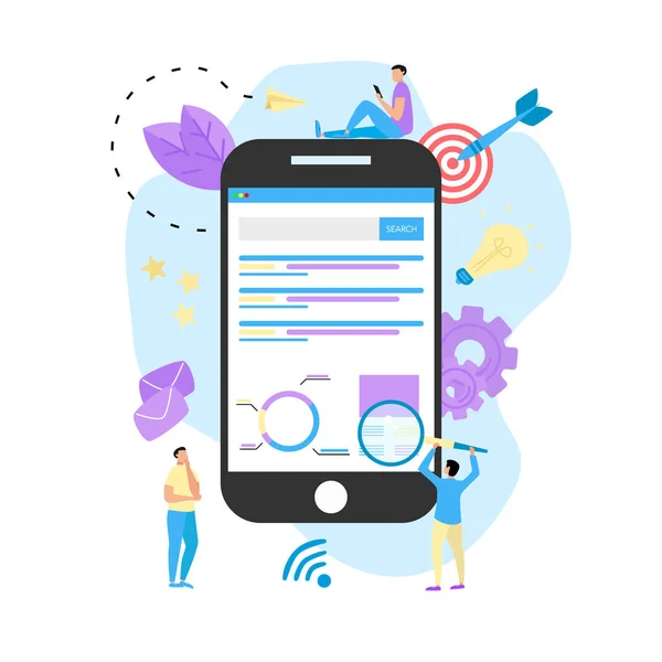 Análisis geográfico con búsqueda y lupa en smartphone. Concepto empresarial — Vector de stock