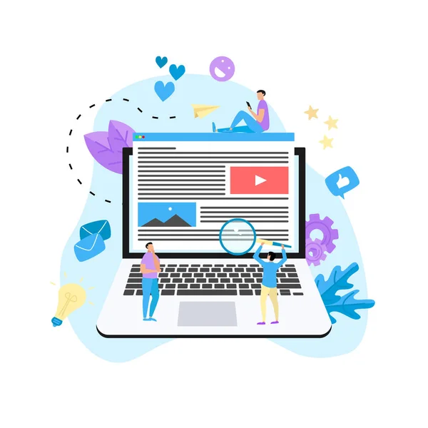 Marketing de Conteúdo, Blogging e conceito SMM. Artigos e materiais de mídia no laptop . — Vetor de Stock
