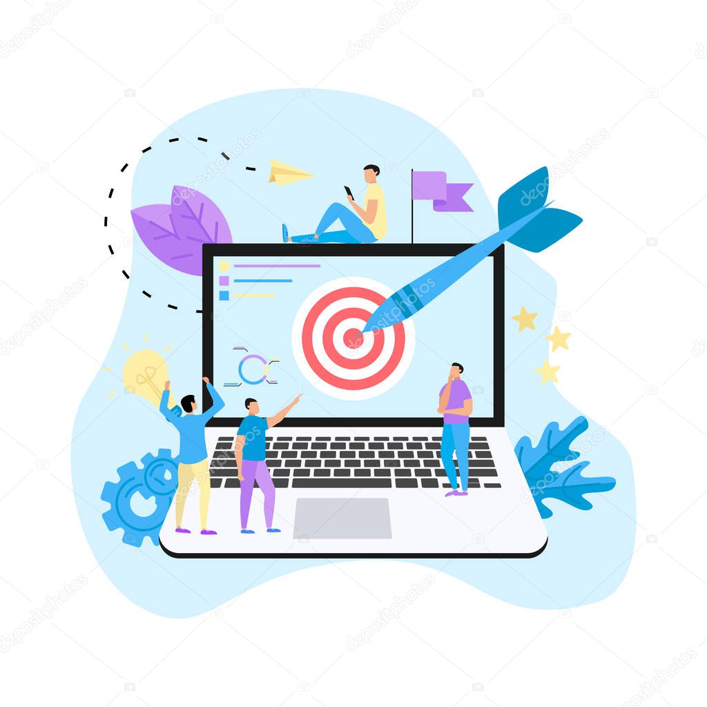 Target with an arrow on laptop, hit the target, goal achievement. Business concept vector illustration