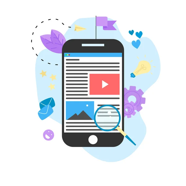 Tartalom Marketing, blog és Smm koncepció. Cikkek és egyéb anyagok, smartphone. — Stock Vector