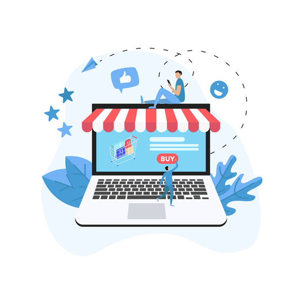 Концепция интернет-покупок с ноутбуком, корзиной и маленькими людьми, покупка интернет-магазина
