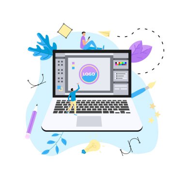 Düz vektör grafik tasarım konsepti ile bilgisayar tasarımcısı yaratıcı bir proje ile bir açık tasarım uygulama ile