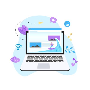 Dalga web sayfası çiziminde sörf yapan sörfçü. Web sayfası sörf kavramı