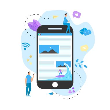 Dalga web sayfası çiziminde sörf yapan sörfçü. Web sayfası sörf kavramı