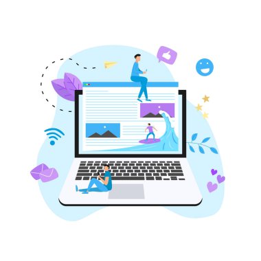 Dalga web sayfası çiziminde sörf yapan sörfçü. Web sayfası sörf kavramı