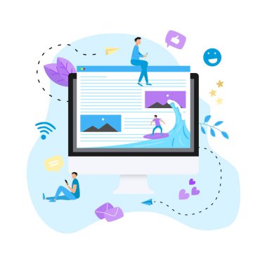 Dalga web sayfası çiziminde sörf yapan sörfçü. Web sayfası sörf kavramı
