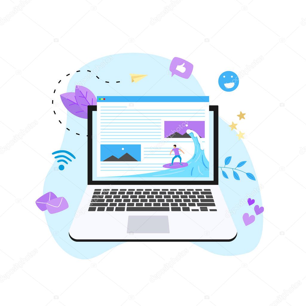 Surfer surfing a wave web page vector illustration. Web page surfing concept
