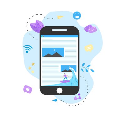 Dalga web sayfası çiziminde sörf yapan sörfçü. Web sayfası sörf kavramı