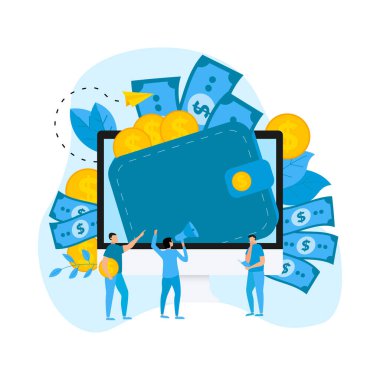 Dolar banknotlar ve paralar ile online cüzdan. Finans Bankası kavramları