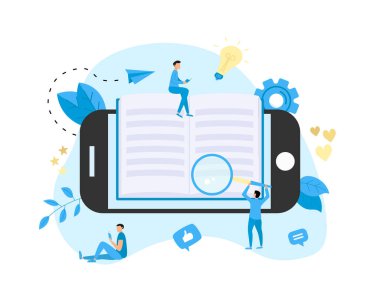 Düz dizayn kitabı konsepti. Çevrimiçi kütüphaneler ve kitaplar