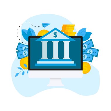 Dış ekran cihazın Doları para ile bina banka. Finans ve iş kavramı