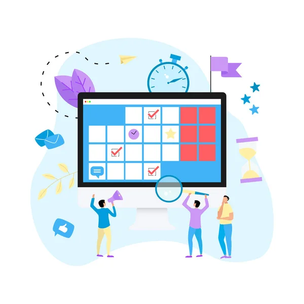 Online calendar with marks, tasks and notes . Concept of time management. with business icons — Stock Vector