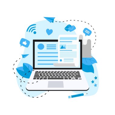 İş, iletişim, internet blog yazıları. Düz tasarım vektör çizimi
