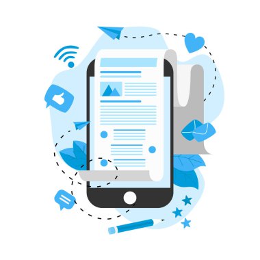 İş, iletişim, internet blog yazıları. Düz tasarım vektör çizimi