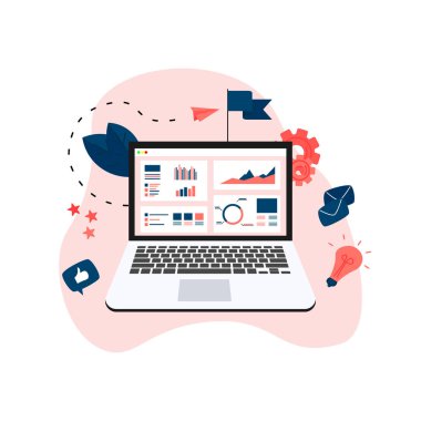 Veri analiz tasarım konsepti. Grafik, diyagram, istatistik üstünde laptop