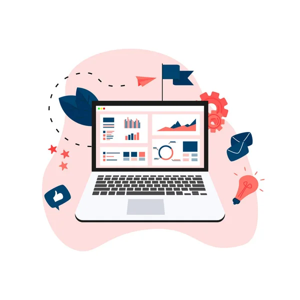 Designkonzept für Datenanalyse. Grafik, Diagramm, Statistik auf Laptop — Stockvektor