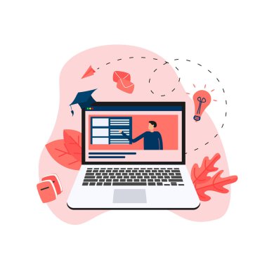 Laptop monitör mesafe öğretmen ile online eğitim veya web kursu. E-öğrenme kavramı