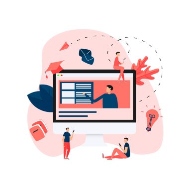Online eğitim veya web ders mesafe öğretmen ile masaüstü monitör. E-öğrenme kavramı