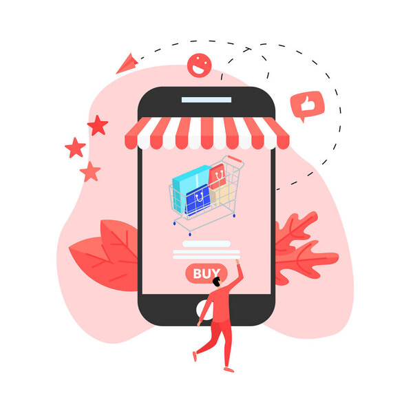 Концепция интернет-покупок, корзина покупок и человек, покупающий интернет-магазин
