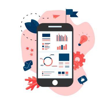Veri analiz tasarım konsepti. Grafik, diyagram, smartphone ekranında istatistikleri. İş kavramı