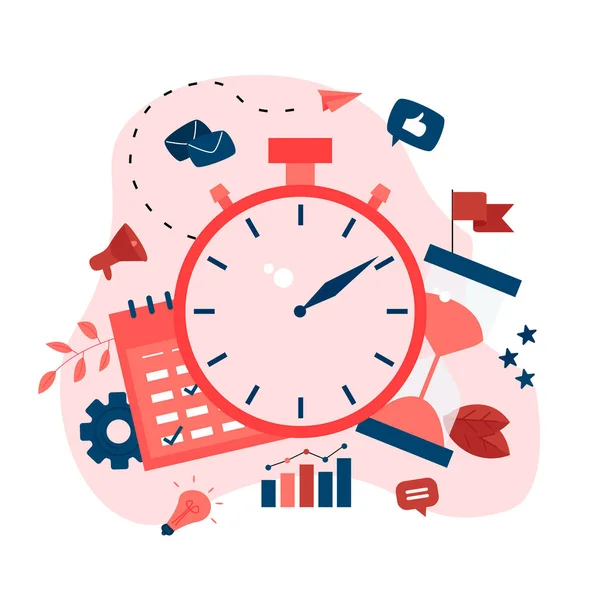 Ilustração vetorial. Relógio, calendário e ampulheta. Conceito de gestão do tempo. com ícones de negócios — Vetor de Stock