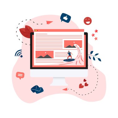 Dalga web sayfası çiziminde sörf yapan sörfçü. Web sayfası sörf kavramı