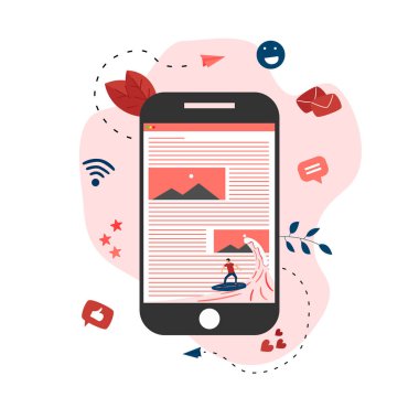 Dalga web sayfası çiziminde sörf yapan sörfçü. Web sayfası sörf kavramı