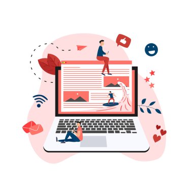 Dalga web sayfası çiziminde sörf yapan sörfçü. Web sayfası sörf kavramı