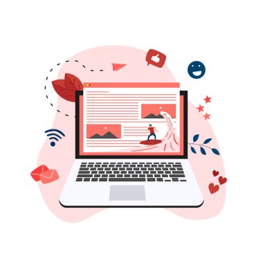 Dalga web sayfası çiziminde sörf yapan sörfçü. Web sayfası sörf kavramı