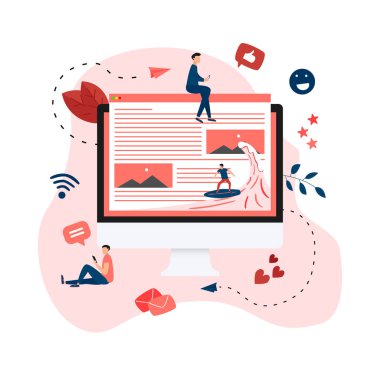Dalga web sayfası çiziminde sörf yapan sörfçü. Web sayfası sörf kavramı