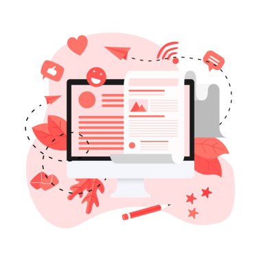 İş, iletişim, internet blog yazıları. Düz tasarım vektör çizimi