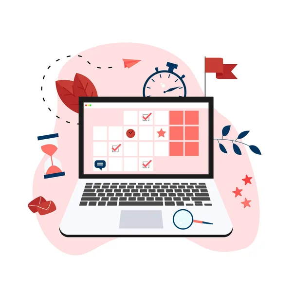 Calendário online com marcas, tarefas e notas. Conceito de gestão do tempo. com ícones de negócios —  Vetores de Stock