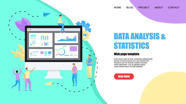 Modelo Web. Mans estudando estatísticas financeiras no monitor de tela. Relatórios financeiros, gráficos gráficos em telas de desktop. Conceito de negócio —  Vetores de Stock