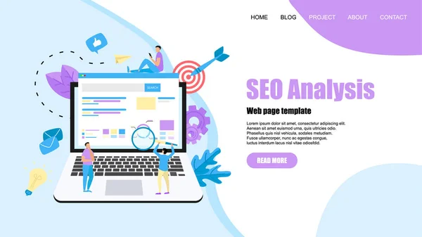 Webpage template. Seo analysis with search and magnifier on desktop. Business concept — Stock Vector