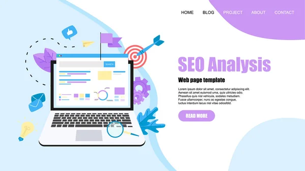 Webpage template. Seo analysis with search and magnifier on desktop. Business concept — Stock Vector