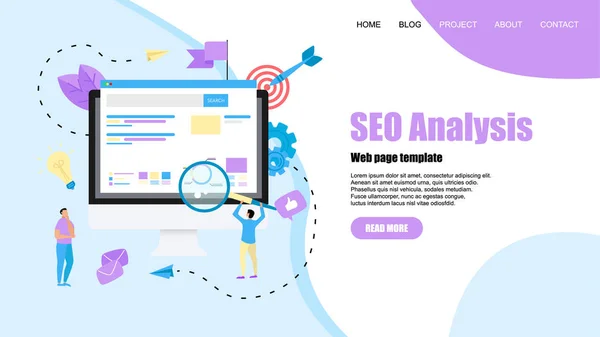 Plantilla de página web. Análisis geográfico con búsqueda y lupa en el escritorio. Concepto empresarial — Vector de stock