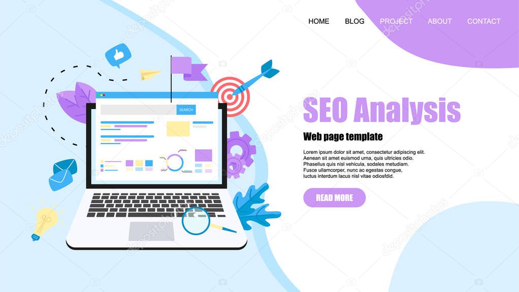 Webpage template. Seo analysis with search and magnifier on desktop. Business concept