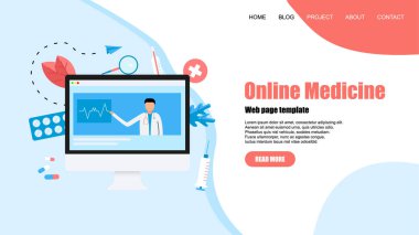 Web sayfası şablonu. Online Sağlık ve Tıbbi Danışma konsepti. Vektör düz illüstrasyon