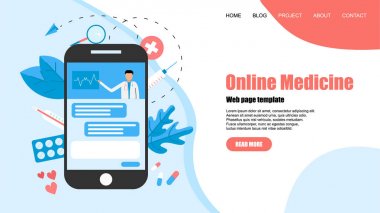 Web sayfası şablonu. Online Sağlık ve Tıbbi Danışma konsepti. Vektör düz illüstrasyon