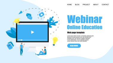 Web şablonu. Webinar, İnternet Konferansı, Web tabanlı seminer, online eğitim, e-öğrenme düz tasarım kavramı