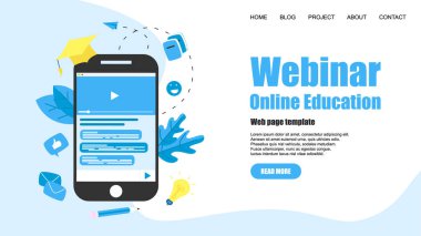 Web şablonu. Webinar, İnternet Konferansı, Web tabanlı seminer, online eğitim, e-öğrenme düz tasarım kavramı