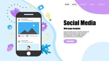 Fotoğraf içeriği, gibi ve yorum ile sosyal medya konsepti ile Web şablonu. Vektör düz illüstrasyon