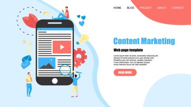 Web sayfası şablonu. İçerik Pazarlama, Bloglama ve Smm kavramı. Makaleler ve medya materyalleri