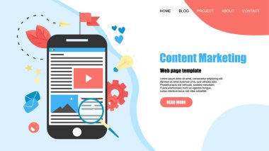 Web sayfası şablonu. İçerik Pazarlama, Bloglama ve Smm kavramı. Makaleler ve medya materyalleri
