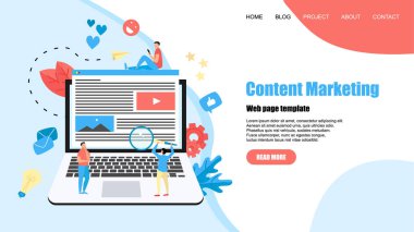 Web sayfası şablonu. İçerik Pazarlama, Bloglama ve Smm kavramı. Makaleler ve medya materyalleri