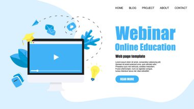 Web şablonu. Webinar, İnternet Konferansı, Web tabanlı seminer, online eğitim, e-öğrenme düz tasarım kavramı